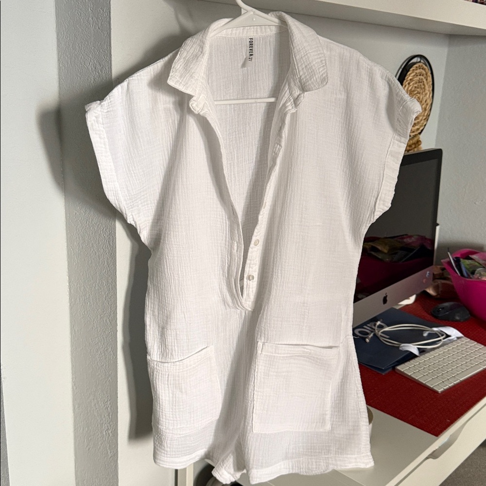 White linen Romper with Pockets